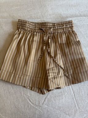 Sandro Tan and White Striped High-Waist Shorts